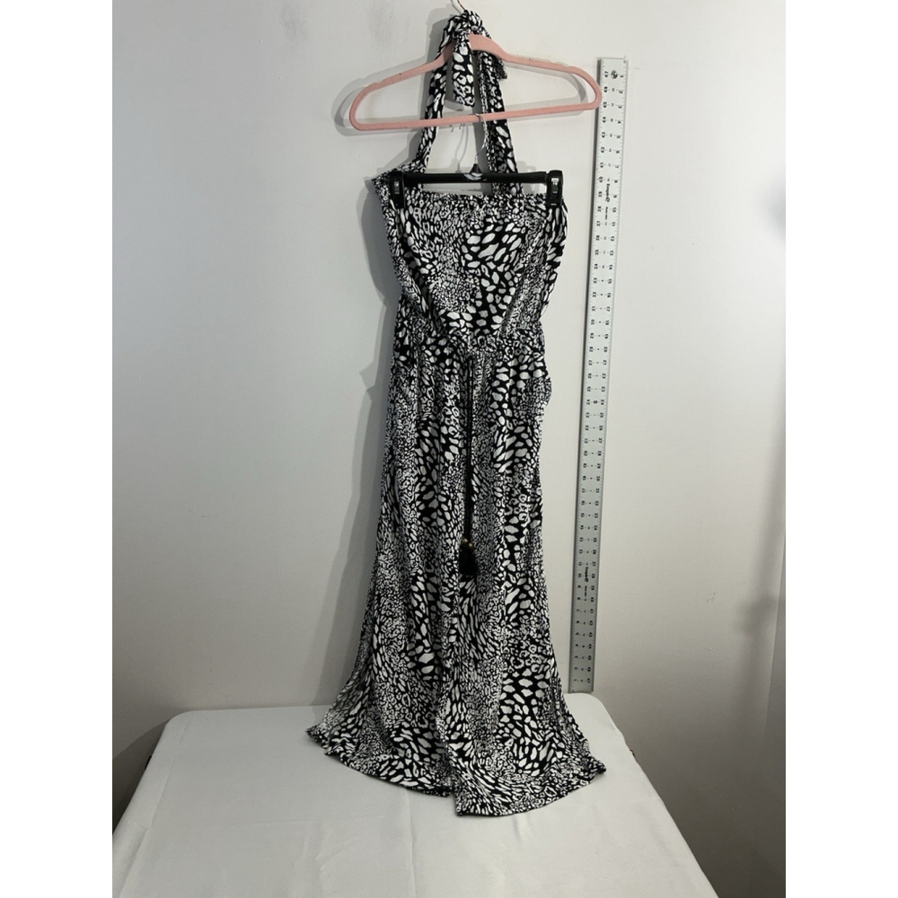 Womans Blue Island One Pc Halter Jumpsuit XS Black White Peekaboo Back Slit Legs